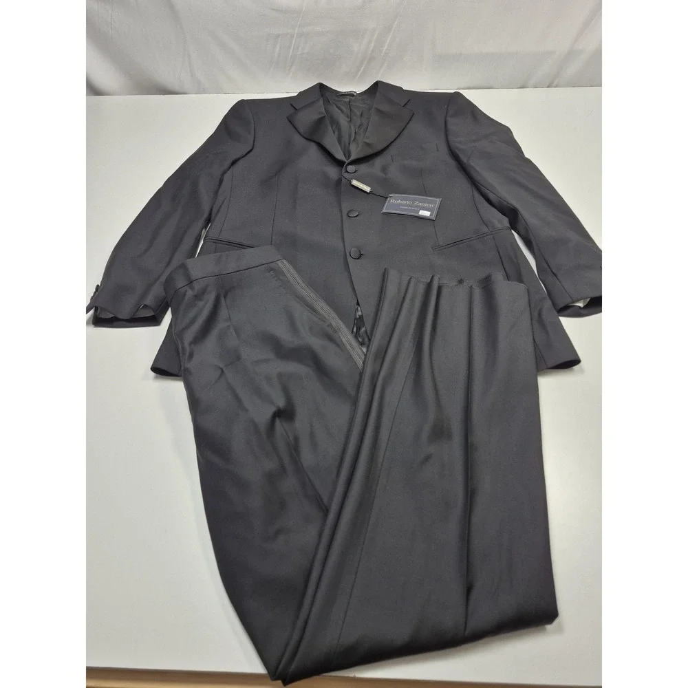 Roberto Zanieri Tuxedo Suit Mens 44 Long Black Wool 2 Piece 38x34 Italy NWT FLAW